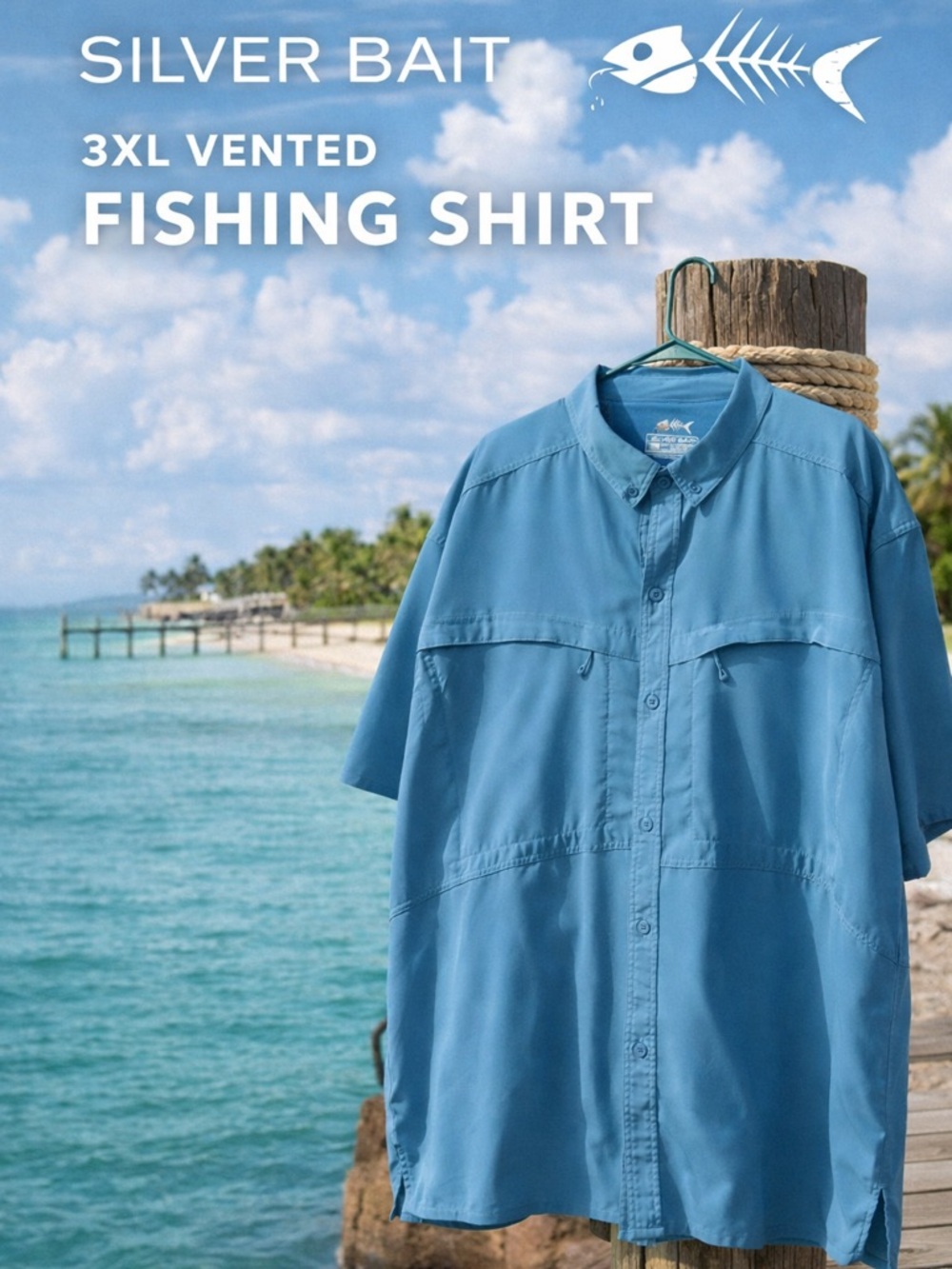 Silver Bait Fishing Shirt 3XL Blue Short Sleeve Vented Performance Button Down
